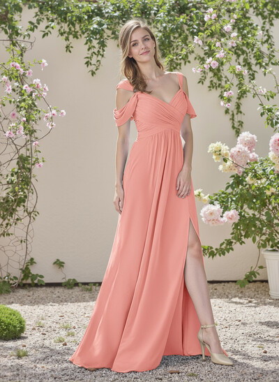 Blue Cold Neckline A-Line Bridesmaid Dresses With Ruffle