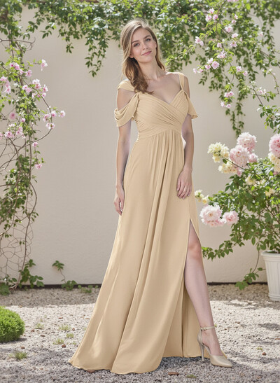 Blue Cold Neckline A-Line Bridesmaid Dresses With Ruffle