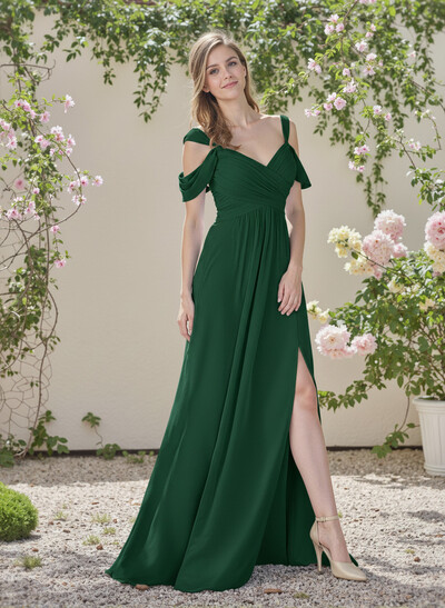 Blue Cold Neckline A-Line Bridesmaid Dresses With Ruffle