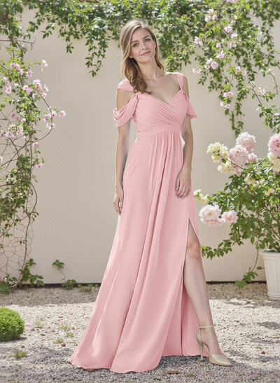 Blue Cold Neckline A-Line Bridesmaid Dresses With Ruffle