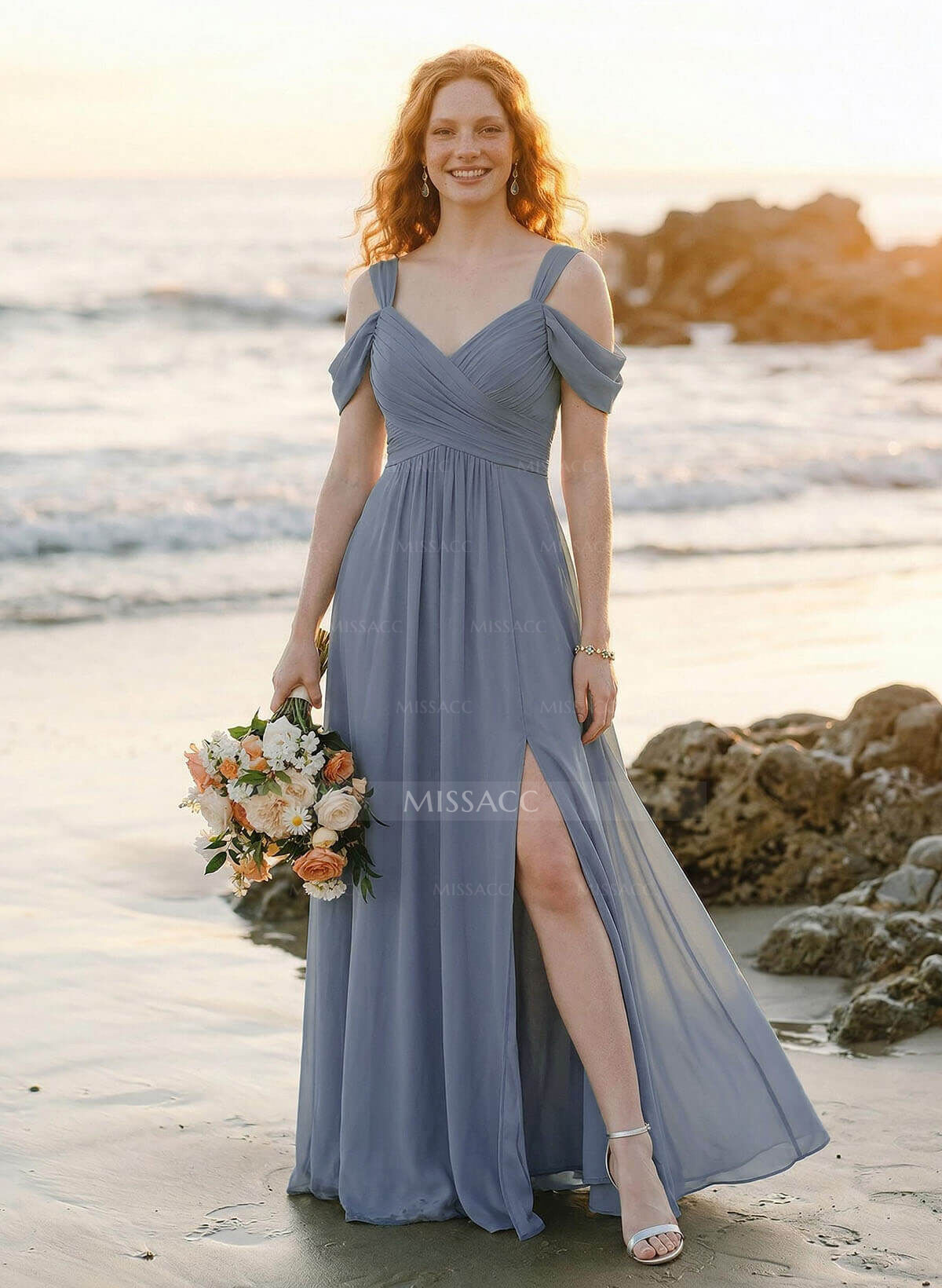 Blue Cold Neckline A-Line Bridesmaid Dresses With Ruffle