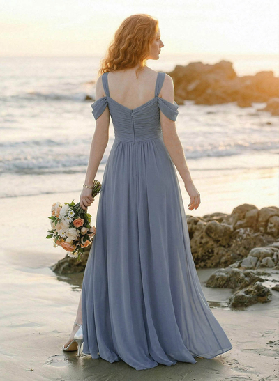 Blue Cold Neckline A-Line Bridesmaid Dresses With Ruffle