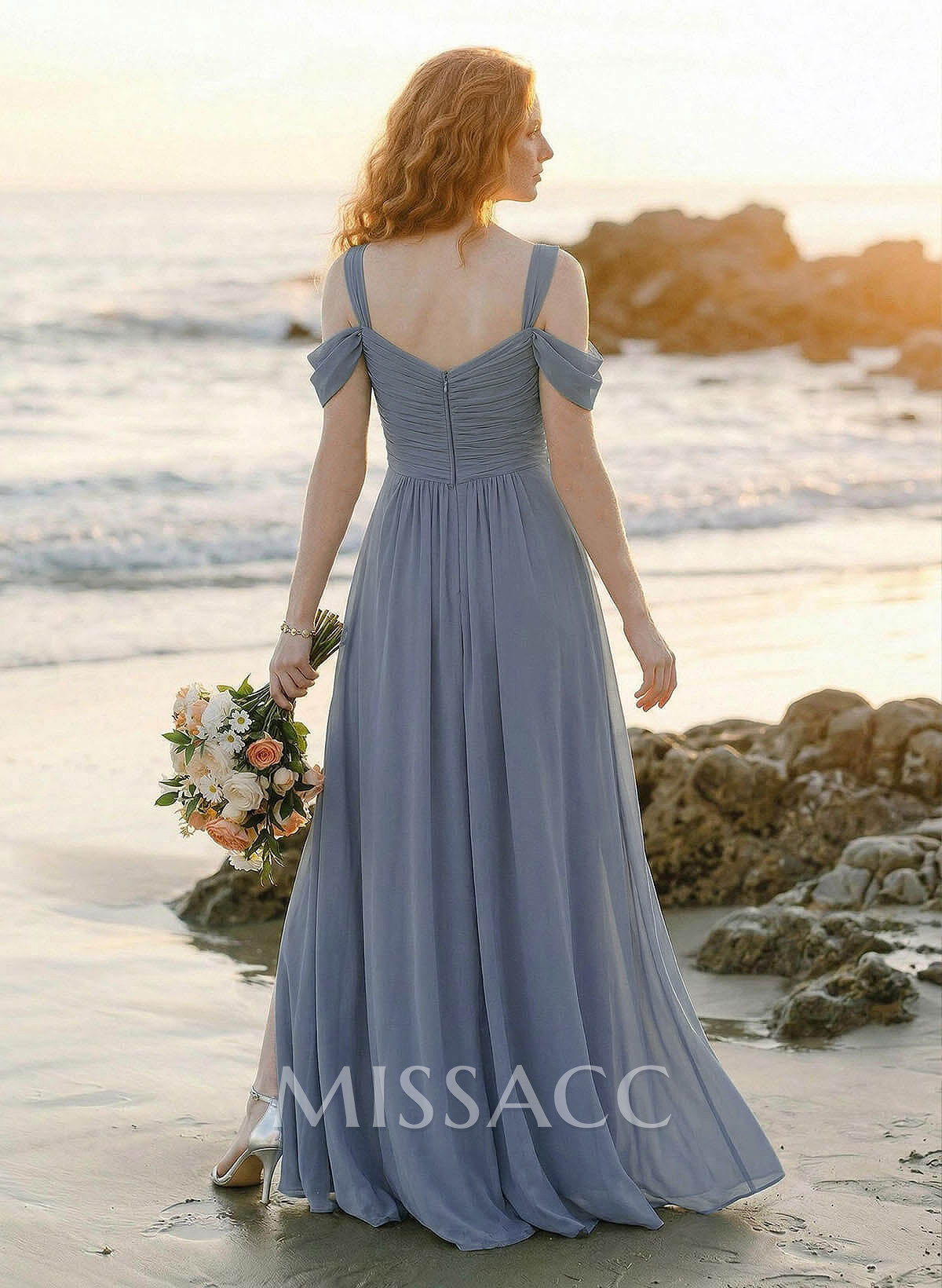 Blue Cold Neckline A-Line Bridesmaid Dresses With Ruffle Blue Cold Neckline A-Line Bridesmaid Dresses With Ruffle
