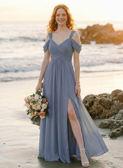 Blue Cold Neckline A-Line Bridesmaid Dresses With Ruffle
