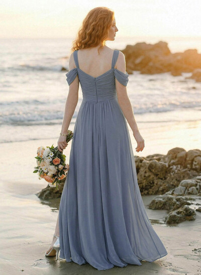Blue Cold Neckline A-Line Bridesmaid Dresses With Ruffle