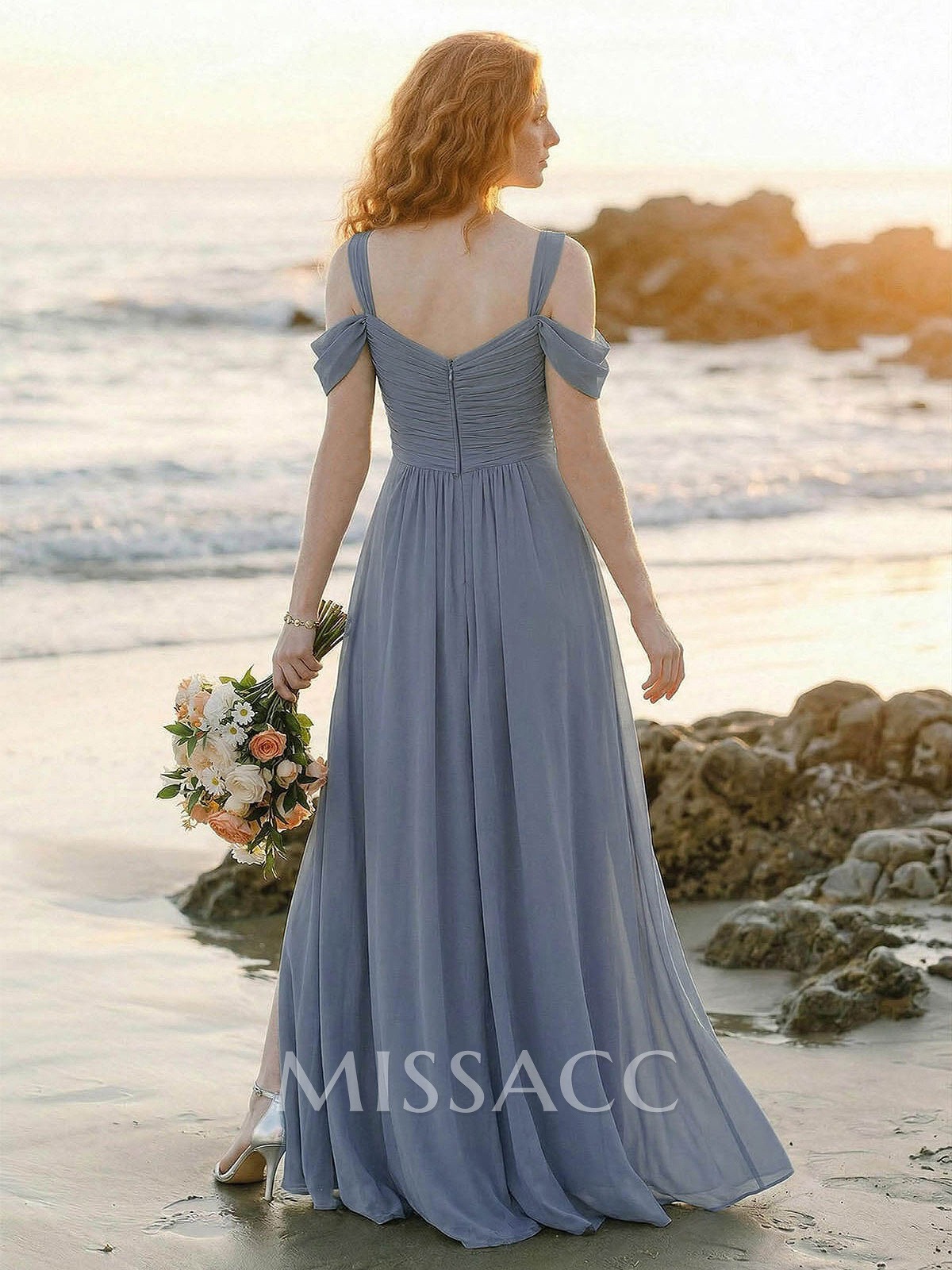 Blue Cold Neckline A-Line Bridesmaid Dresses With Ruffle Blue Cold Neckline A-Line Bridesmaid Dresses With Ruffle