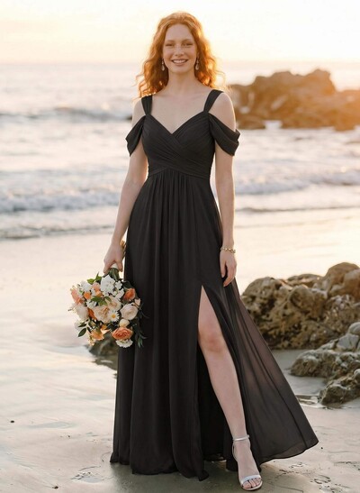 Blue Cold Neckline A-Line Bridesmaid Dresses With Ruffle