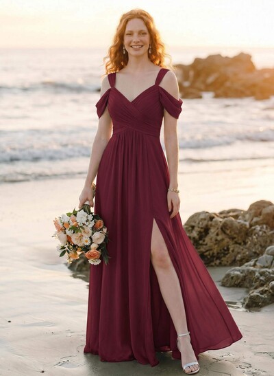 Blue Cold Neckline A-Line Bridesmaid Dresses With Ruffle