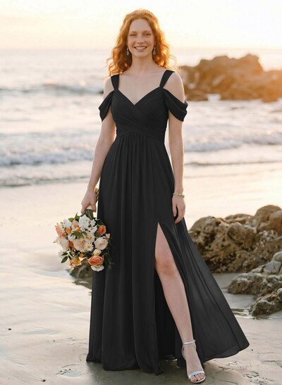 Blue Cold Neckline A-Line Bridesmaid Dresses With Ruffle