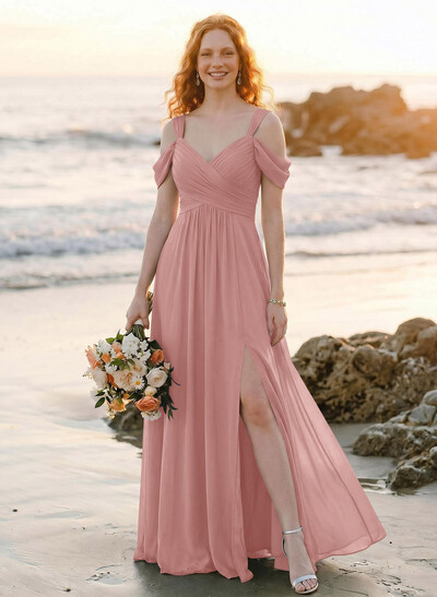 Blue Cold Neckline A-Line Bridesmaid Dresses With Ruffle