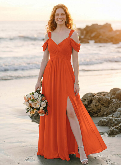 Blue Cold Neckline A-Line Bridesmaid Dresses With Ruffle