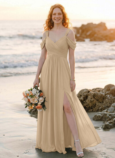 Blue Cold Neckline A-Line Bridesmaid Dresses With Ruffle