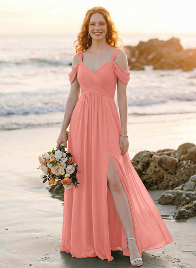 Blue Cold Neckline A-Line Bridesmaid Dresses With Ruffle