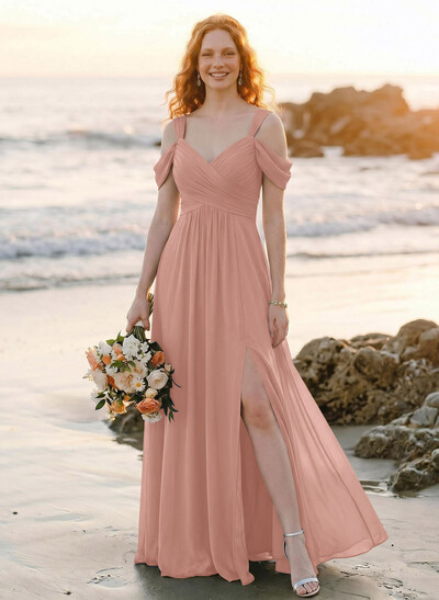 Blue Cold Neckline A-Line Bridesmaid Dresses With Ruffle