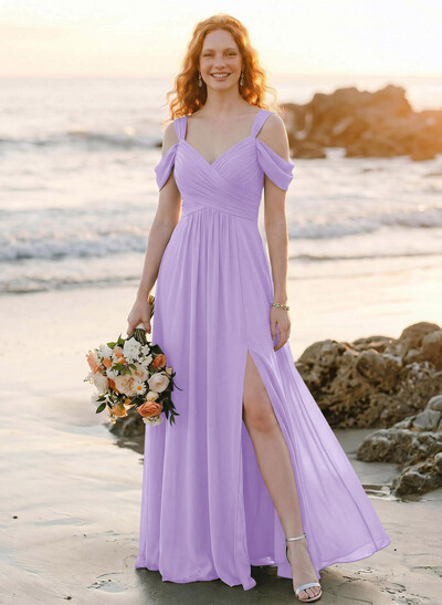 Blue Cold Neckline A-Line Bridesmaid Dresses With Ruffle
