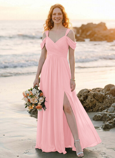 Blue Cold Neckline A-Line Bridesmaid Dresses With Ruffle