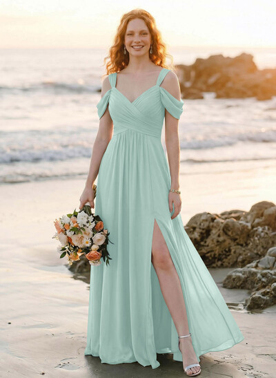 Blue Cold Neckline A-Line Bridesmaid Dresses With Ruffle