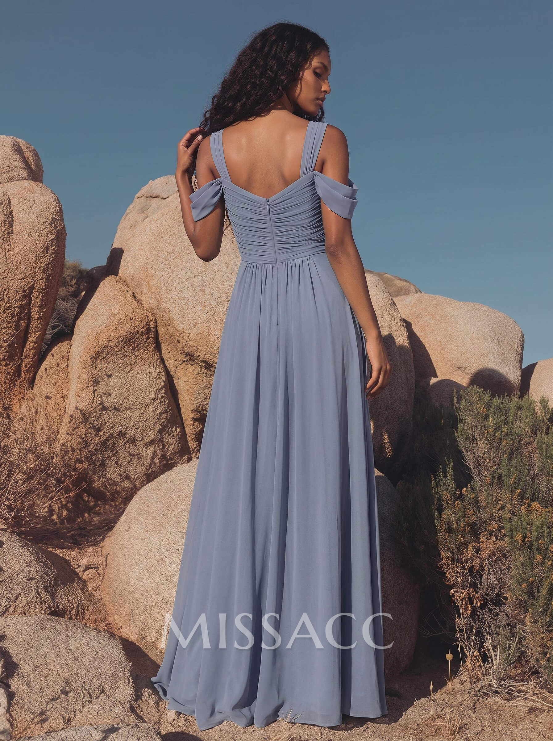 Blue Cold Neckline A-Line Bridesmaid Dresses With Ruffle