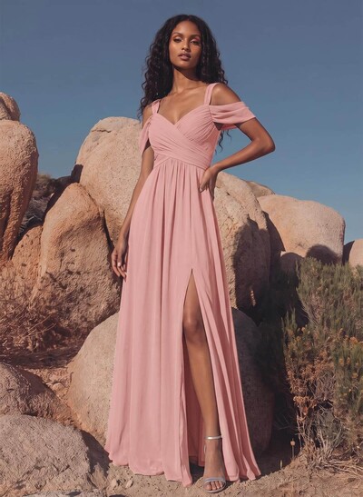 Blue Cold Shoulder A-Line Bridesmaid Dresses With Ruffles