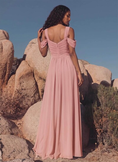 Blue Cold Shoulder A-Line Bridesmaid Dresses With Ruffles