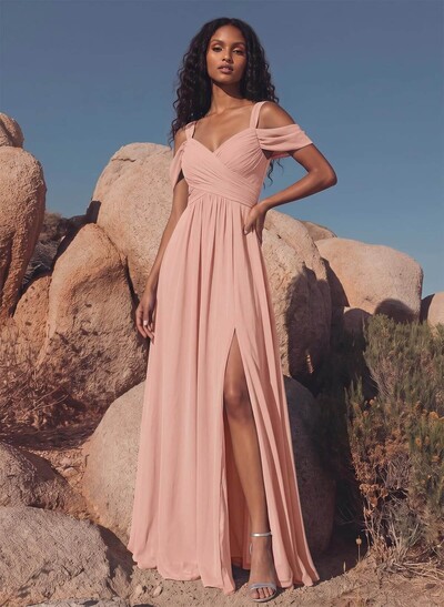 Blue Cold Neckline A-Line Bridesmaid Dresses With Ruffle
