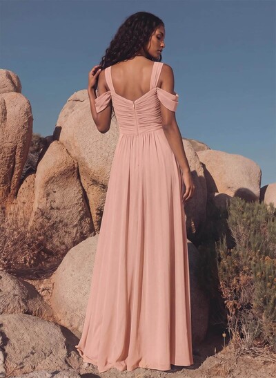 Blue Cold Neckline A-Line Bridesmaid Dresses With Ruffle