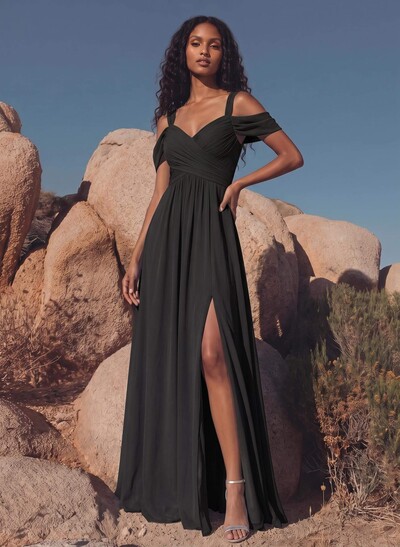 Blue Cold Shoulder A-Line Bridesmaid Dresses With Ruffles