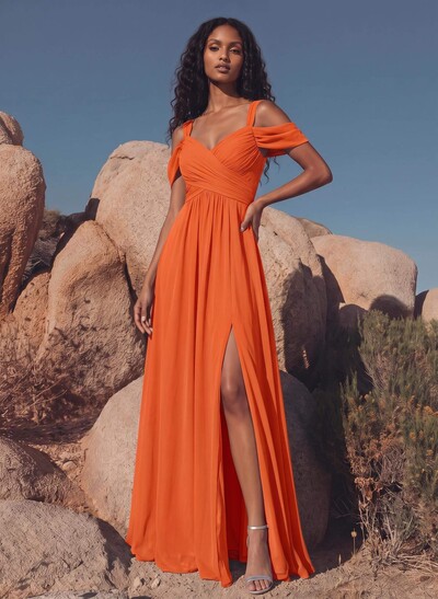Blue Cold Neckline A-Line Bridesmaid Dresses With Ruffle
