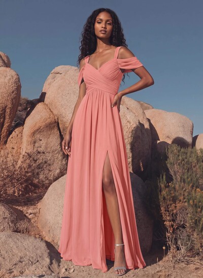 Blue Cold Neckline A-Line Bridesmaid Dresses With Ruffle