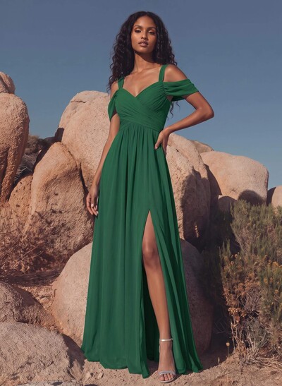 Blue Cold Neckline A-Line Bridesmaid Dresses With Ruffle