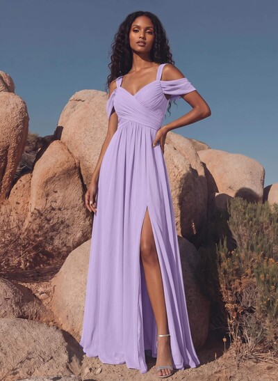 Blue Cold Neckline A-Line Bridesmaid Dresses With Ruffle