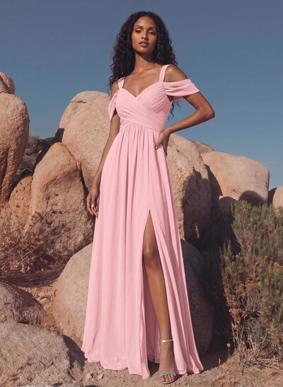 Blue Cold Neckline A-Line Bridesmaid Dresses With Ruffle