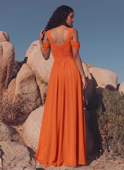 Blue Cold Neckline A-Line Bridesmaid Dresses With Ruffle