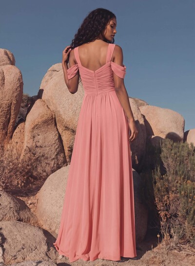 Blue Cold Neckline A-Line Bridesmaid Dresses With Ruffle