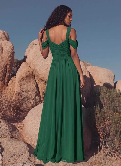 Blue Cold Neckline A-Line Bridesmaid Dresses With Ruffle
