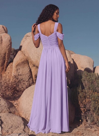 Blue Cold Neckline A-Line Bridesmaid Dresses With Ruffle