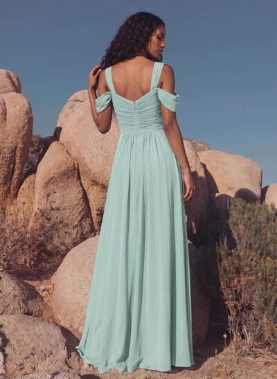 Blue Cold Neckline A-Line Bridesmaid Dresses With Ruffle
