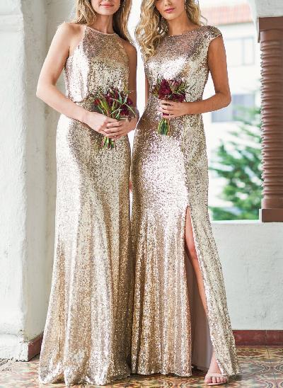 Champagne Sequins Open Back Bridesmaid Dresses With Trumpet/Mermaid