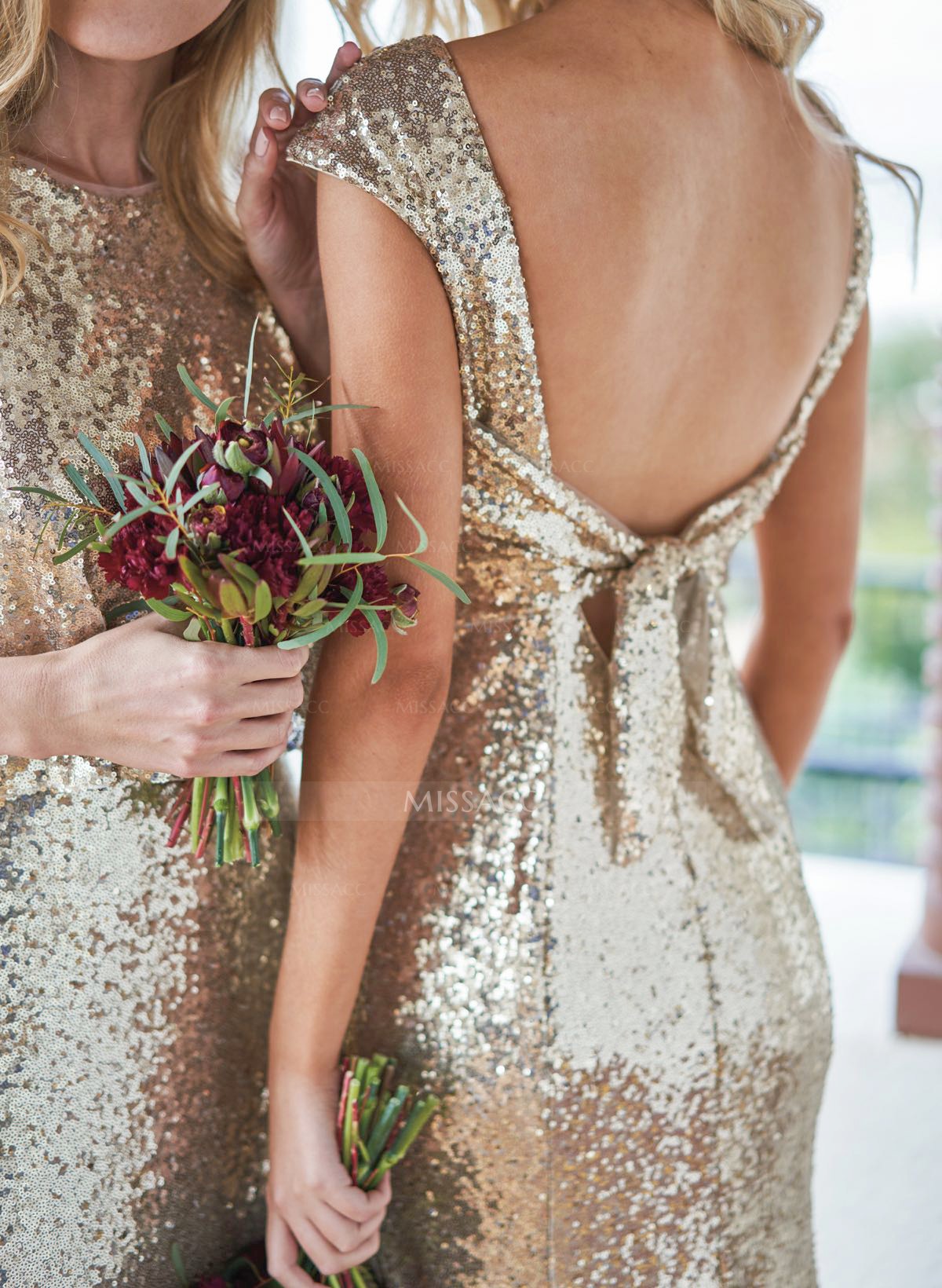Champagne Sequins Open Back Bridesmaid Dresses With Trumpet/Mermaid