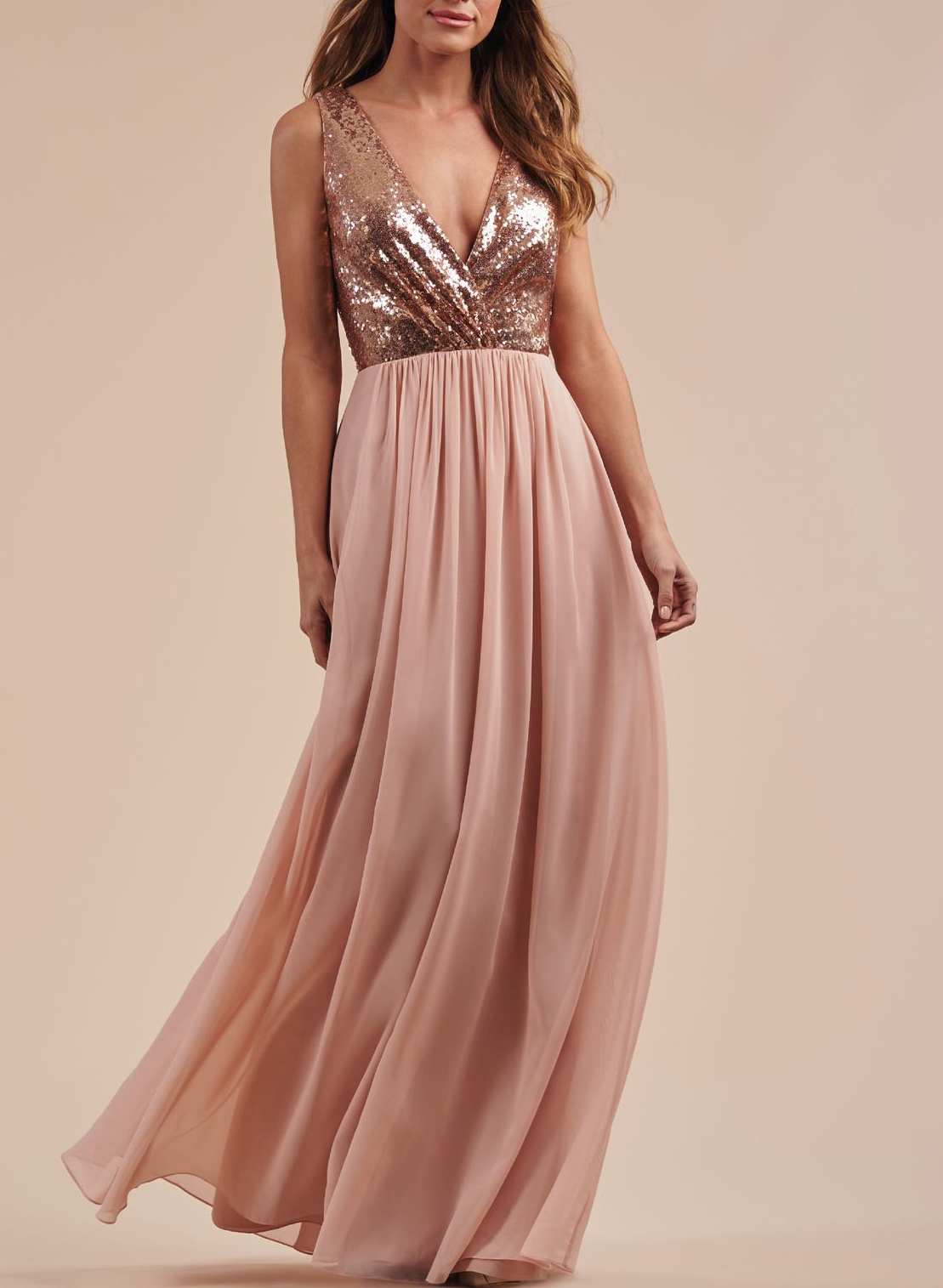 Rose Gold Sequins V-Neck Bridesmaid Dresses With A-Line