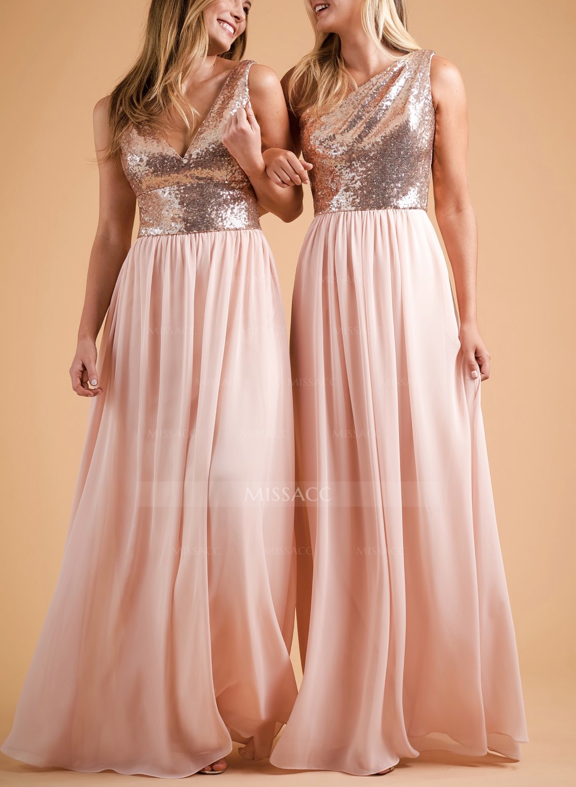 Rose Gold Sequins V-Neck Bridesmaid Dresses With A-Line