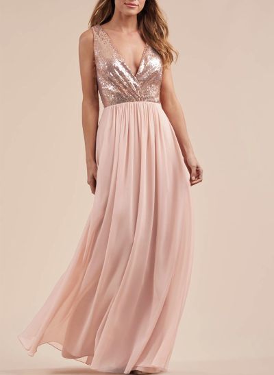 Rose Gold Sequins V-Neck Bridesmaid Dresses With A-Line