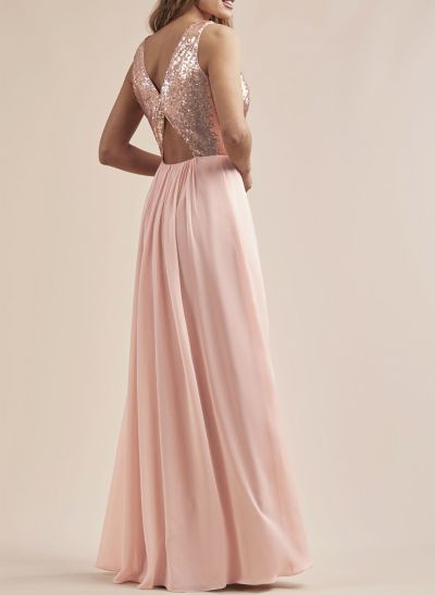 Rose Gold Sequins V-Neck Bridesmaid Dresses With A-Line