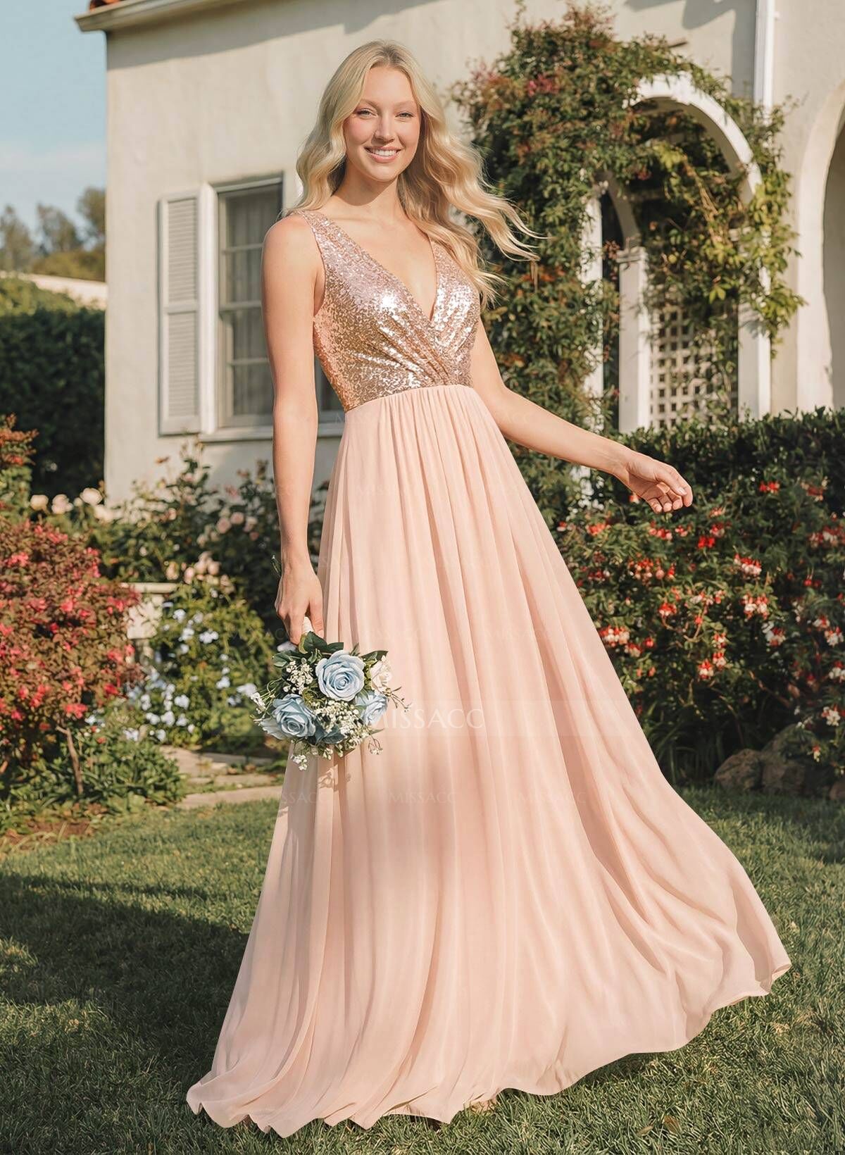 Rose Gold Sequins V-Neck Bridesmaid Dresses With A-Line