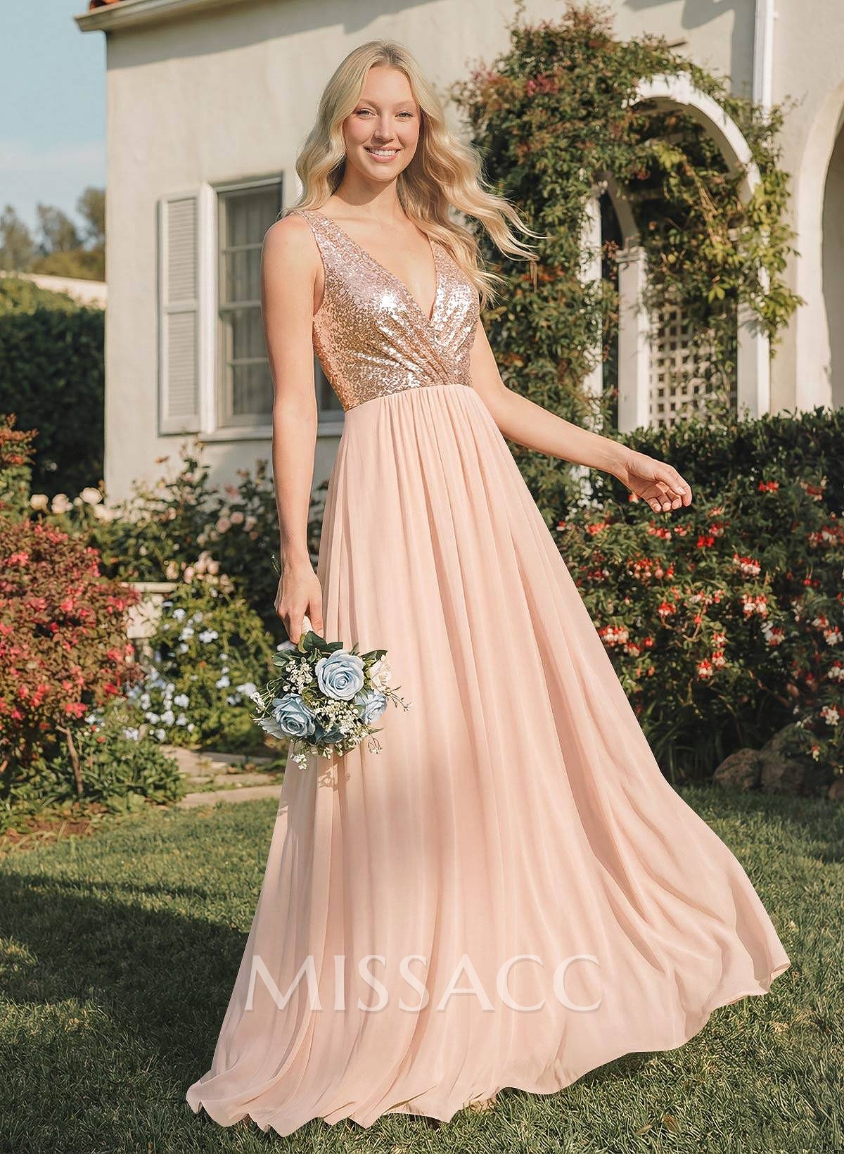 Rose Gold Sequins V-Neck Bridesmaid Dresses With A-Line Rose Gold Sequins V-Neck Bridesmaid Dresses With A-Line