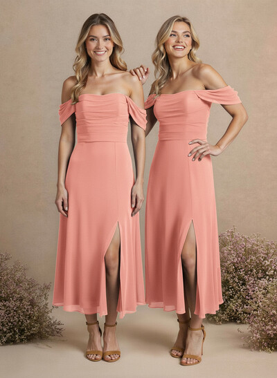 Short Off-The-Shoulder Bridesmaid Dresses With A-Line Chiffon