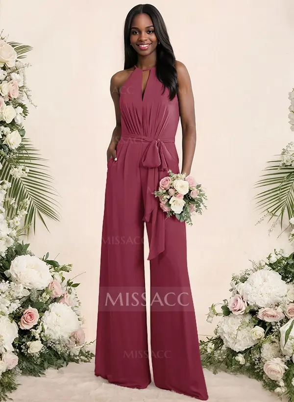 Missacc Red Bridesmaid Jumpsuit/Pantsuit Elegant Bridesmaid Dresses with Sash