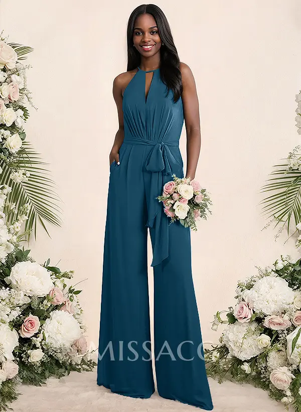 Jumpsuit/Pantsuit Elegant Bridesmaid Dresses With Sash - Missacc