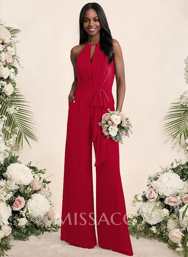 Missacc Red Bridesmaid Jumpsuit/Pantsuit Elegant Bridesmaid Dresses With Sash Missacc Red Bridesmaid Jumpsuit/Pantsuit Elegant Bridesmaid Dresses With Sash