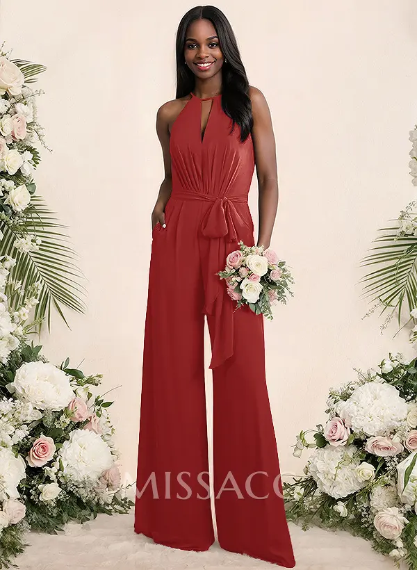 Missacc Red Bridesmaid Jumpsuit/Pantsuit Elegant Bridesmaid Dresses With Sash